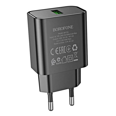 Блок питания сетевой 1 USB BOROFONE BA72A Spring, , пластик, QC3.0, цвет: чёрный (1/75/300)