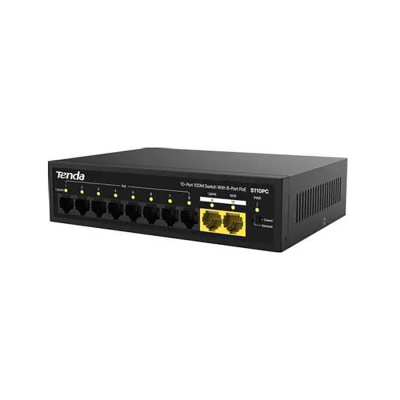 Коммутатор неуправляемый PoE Tenda S110PC , 10 портов, 10x100 Мбит/с, PoE 8х до 30 Вт, настольный ,черный (1/20)
